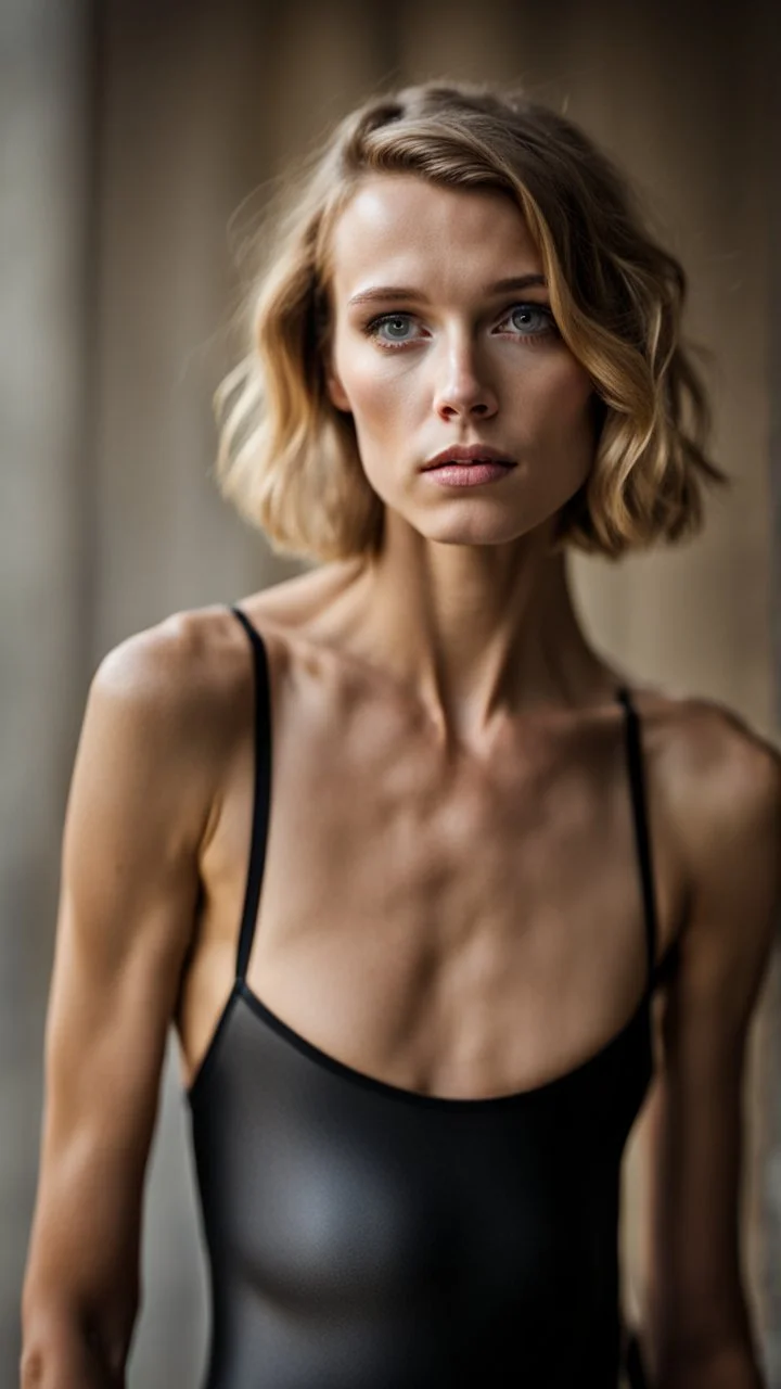 beautiful anorexic woman, total shot, short shiny black triathlon swimsuit, short blond wavy bob hair, blurred concrete background