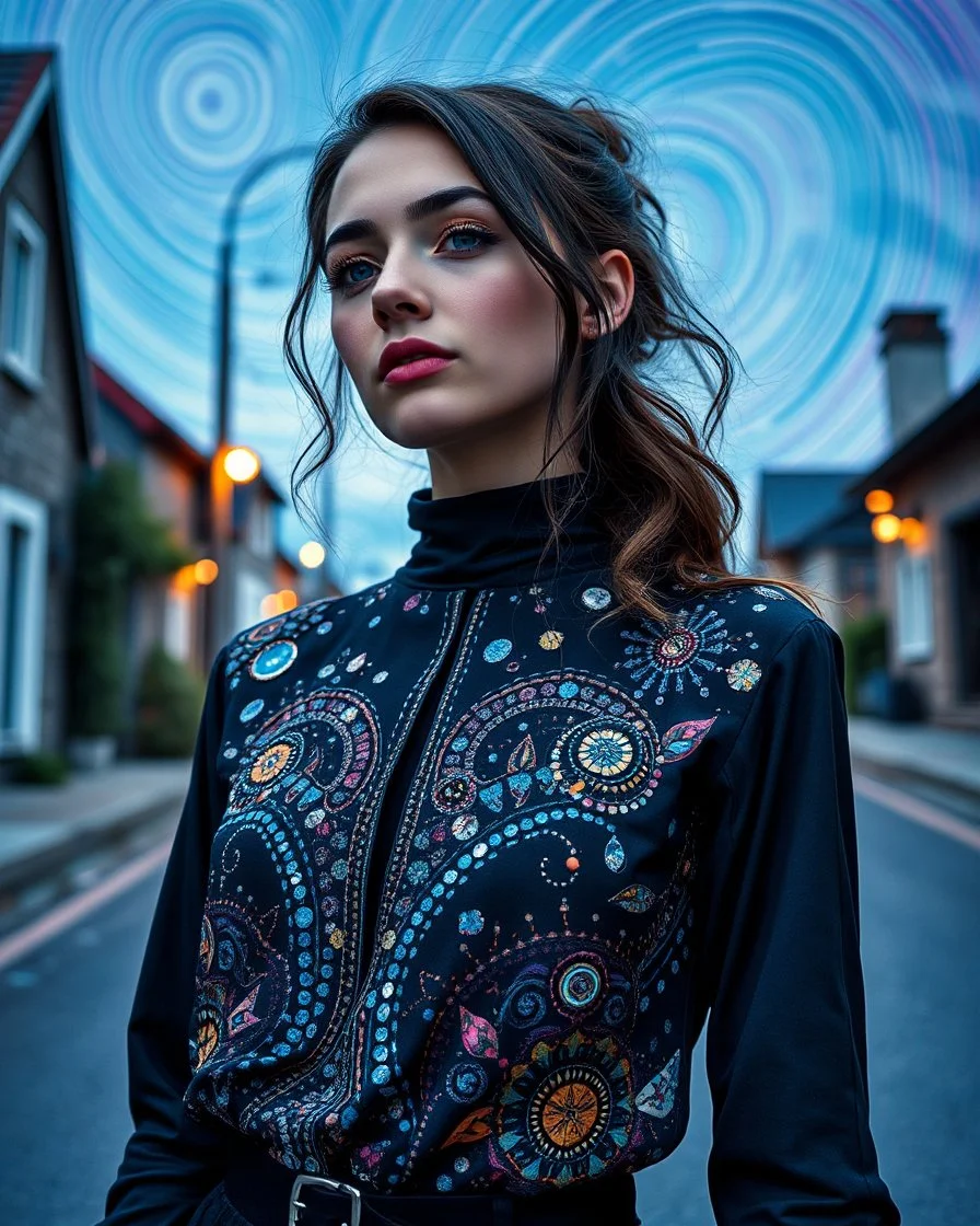 "Midnight Serenade unique" low view angle shot down village road , large close up a beautiful young woman wearing a cool black rock style. ,granite terrazzo motifs with puzzle modern clothing is decorated with colorful filigree abstract, Collage chutes papiers magazines,Spirograph background by Nisa Kiley, Textile Artist