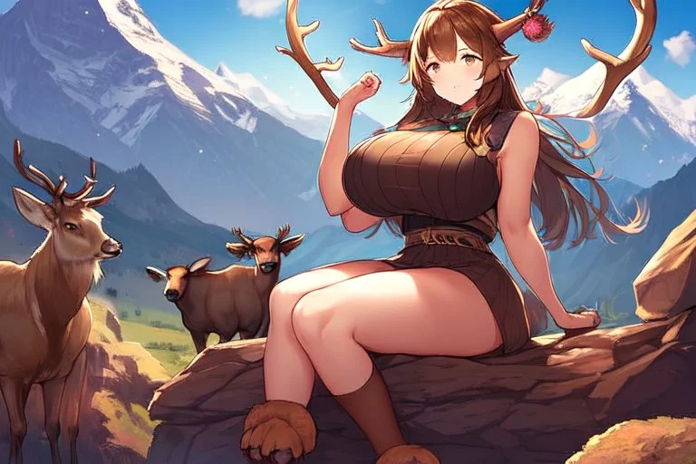 Girl, mountain, sit , deer hoof foot, brown hair, (2: big breasts), deer face