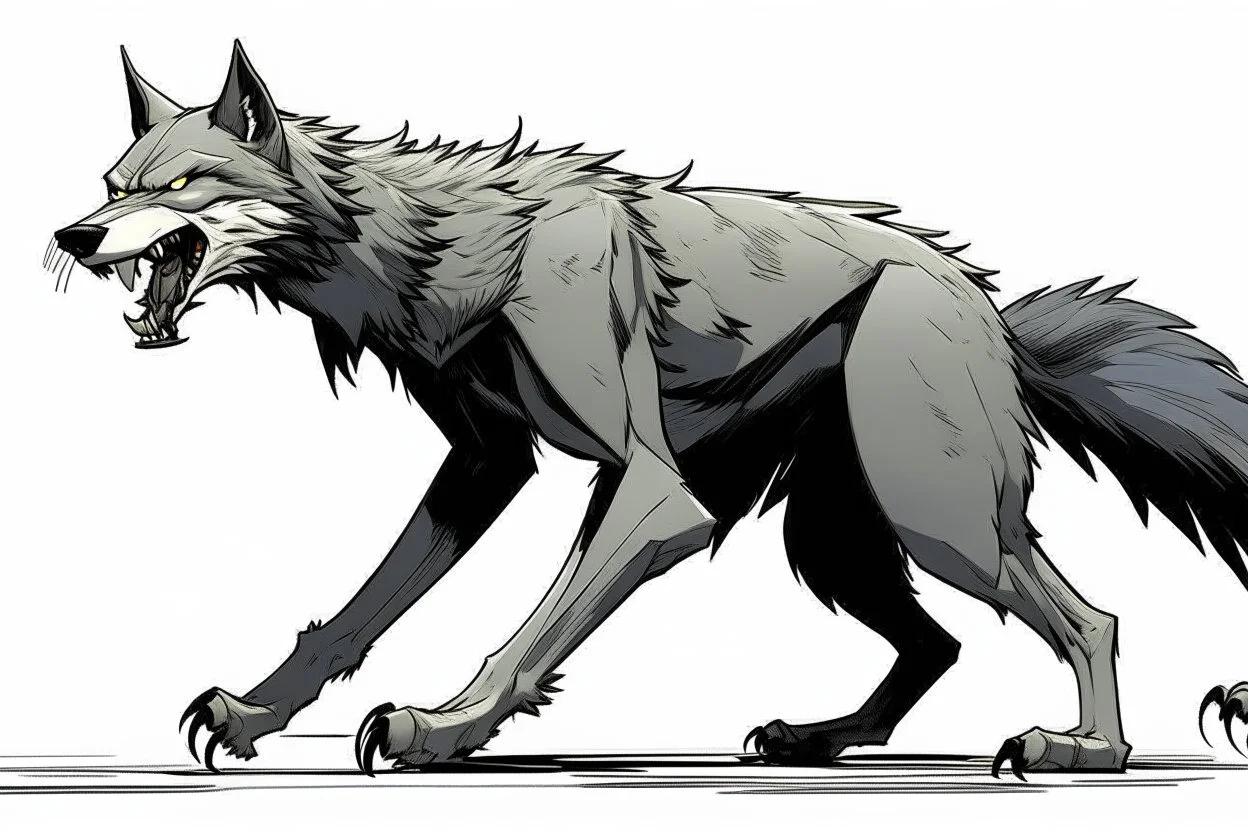 wolf, full body, attacking, profile ,comic book, gray background,