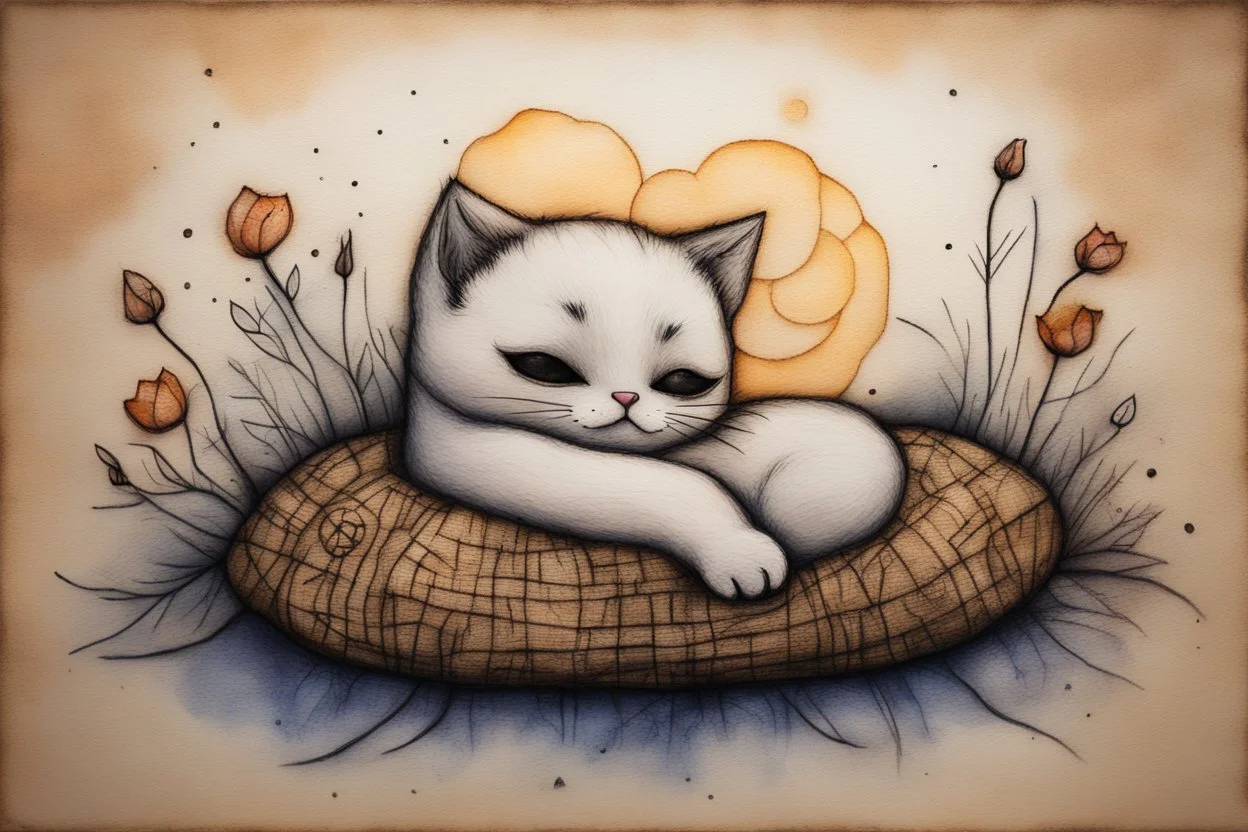 painted and burned burlap, moonlight, cute chibi sleeping kitten in a flower, styles of Paul Klee Dee Nickerson and Tim Burton, melting watercolor and black ink outlines on wet paper, soft, shading strokes, in candlelight, ethereal, otherwordly, cinematic postprocessing, bokeh, dof