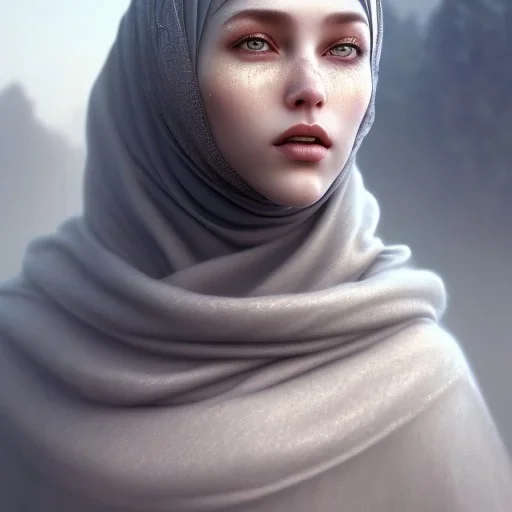 close up portrait of fog as woman in hijab, fine detail, highly intricate, modern surrealism painting, defined cracks and breaks, high-quality, volumetric lighting, 8k, ultrahd, George Grie, Marco Escobedo, Igor Morski,Brian Froud, Howard Lyon, Selina French,