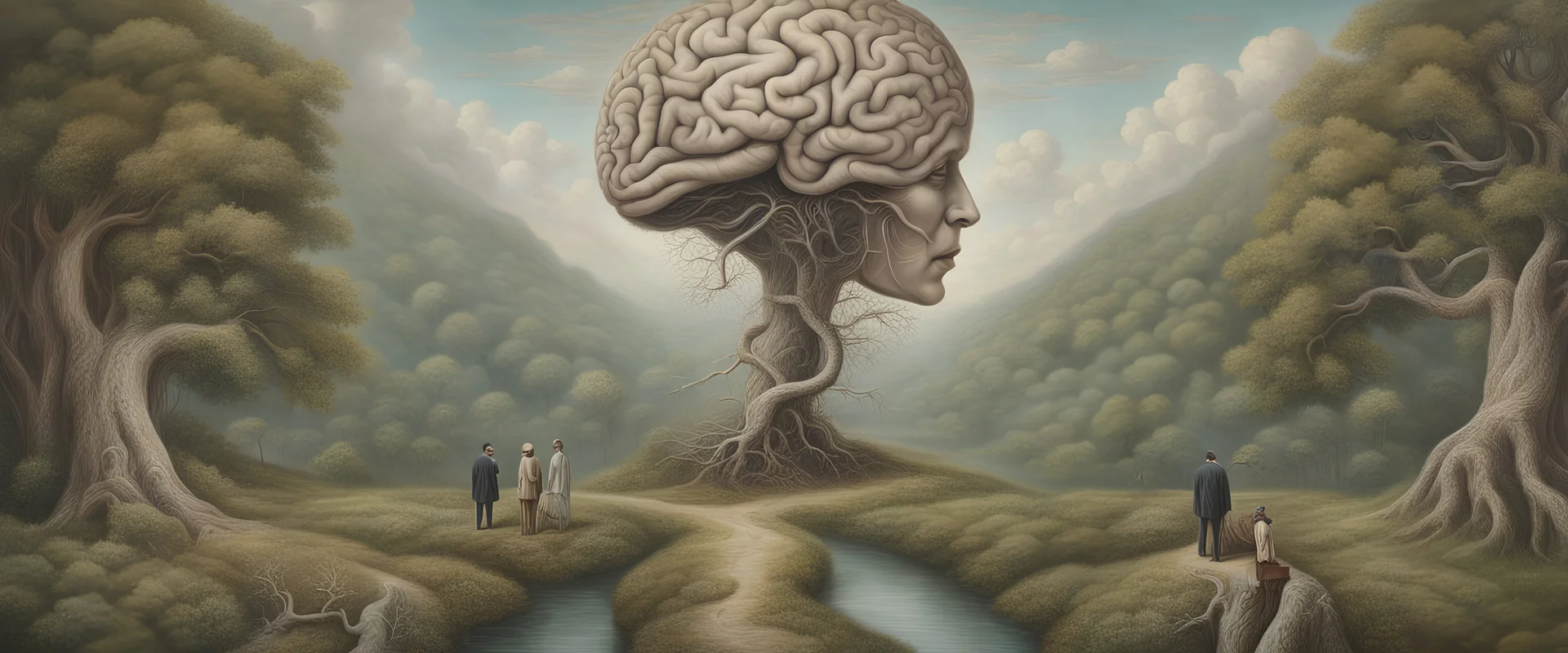 Brain makes the mind, mind makes the person. Concept art, Surrealism, disturbing, overexaggerated features, beautiful, detailed, landscape, vibrant, whimsical, ethereal, Tim burton, entangled, infinity, cosmic, colorful, hyperrealism, renaissance painting, metaphysical, laurie lipton, anthropomorphic character