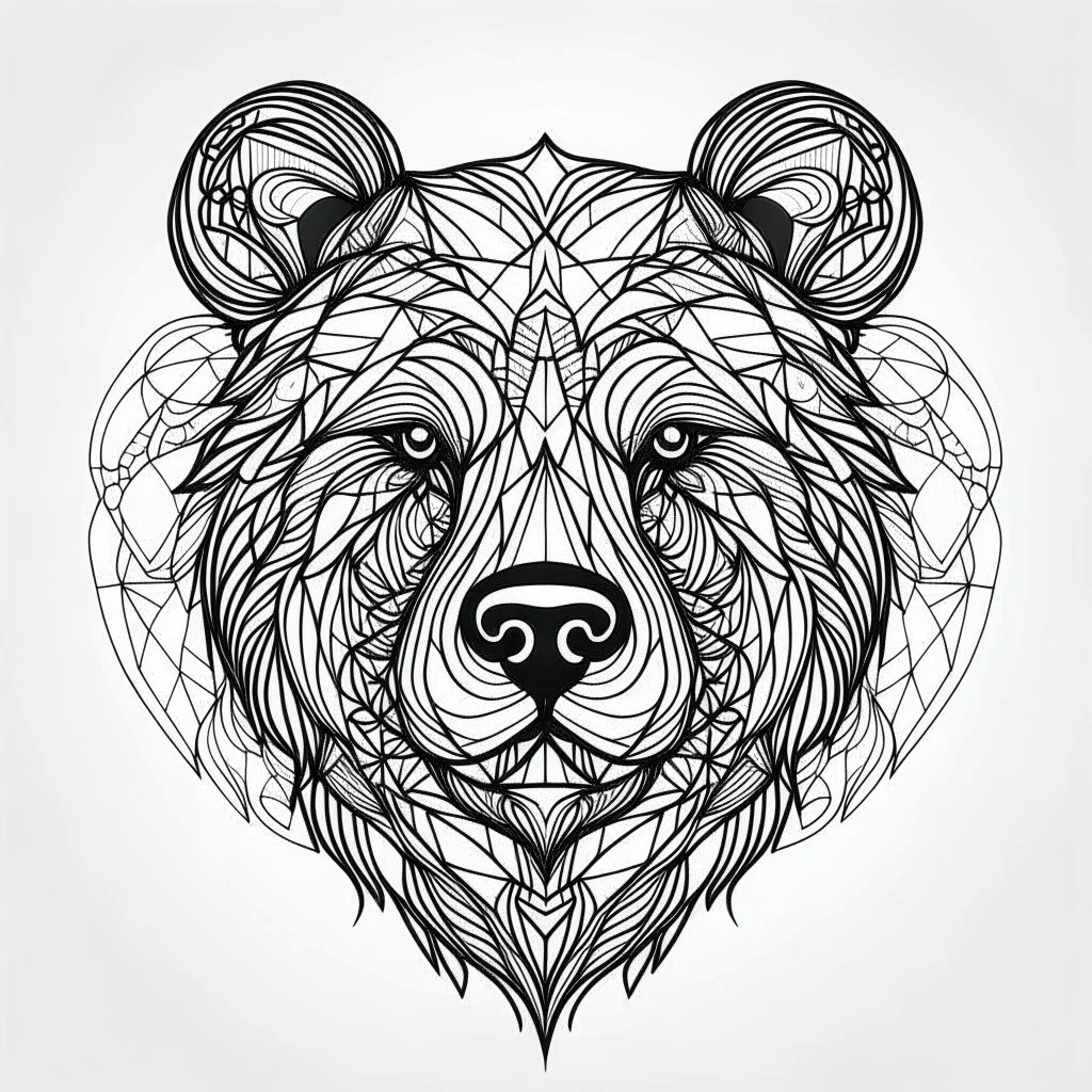 Bear, front face view, minimal lines, cartoon, mandala, white back ground color, real style, realistic, minimalistic, minimal black line art, line art, crisp line art, unique coloring sheet, outlined, outline, crisp, crisp line edges, illustration, thin lines, crisp clear lines, line art, clean line art, unique, 8k, amazing, masterpiece, no colors, no dark color, no black color, avoid thick black, minimalistic line edges, pure white back ground, image character full fit to page,