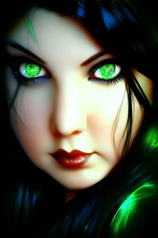 beautiful fantasy cartoon gaming green eyes black endless hair logo