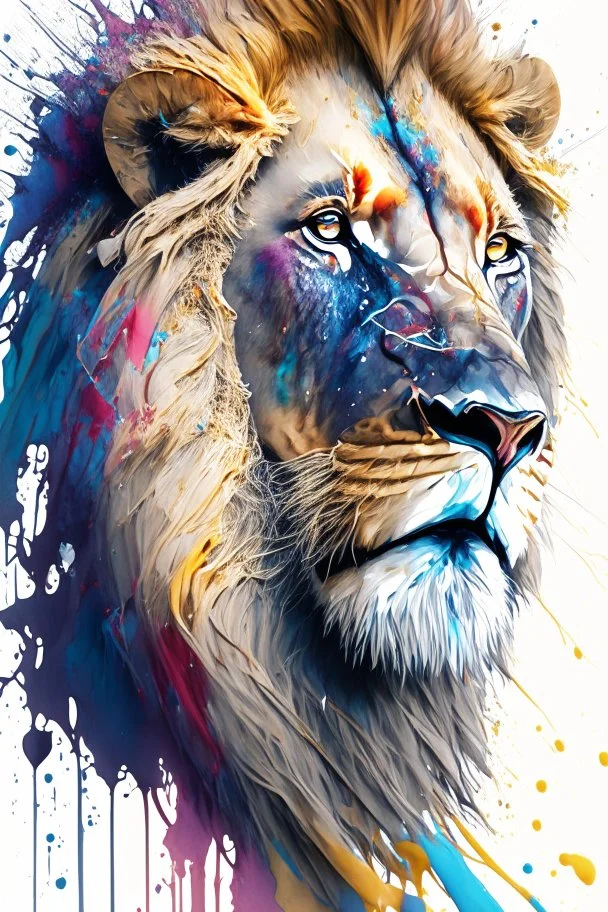 "lion", clean design, art station, splash of colorful paint, contour, ((solid white background)), looking into camera, hyperdetailed intricately detailed, unreal engine, fantastical, cinema lighting, intricate detail, splash screen, complementary colors, fantasy concept art, 8k resolution, DeviantArt masterpiece, watercolor, paint dripping