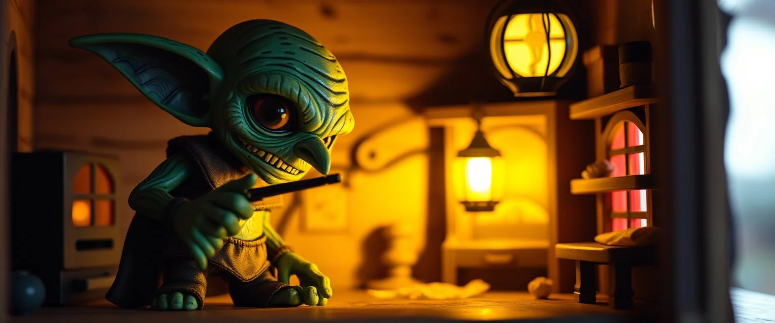 air brush 3d with pen outline,spaghetti western goblin edgy hero, shallow depth of field, warm lantern, pin hole cam in doll house, burnt edges border