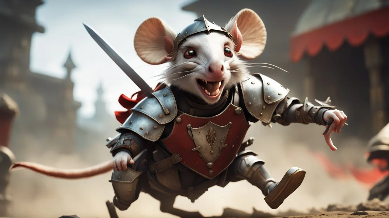 Close up on mouse. Horse jumping over a mote. Background blur. Fast Chase. The Large Gremlin with knights metal full armor, chest plate, leather in the back, helmet, and small sword and a red shield, smiling wide with white teeth, and sitting atop a weird striped horse, in the Style of Rembrandt and Fallout 4(Fantastical Mouse/Rat Gremlin Count) This creature blends realism with fantasy, appearing as a mythical forest dweller