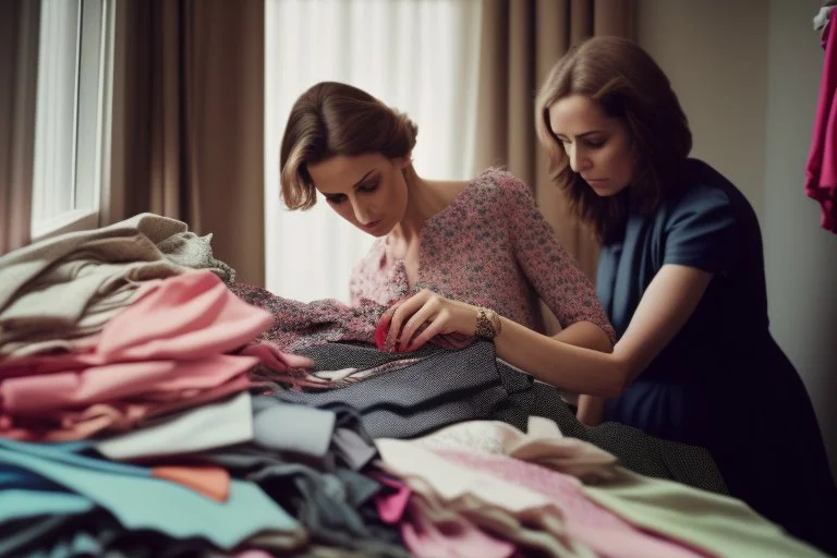 fotografía real, realizada con una cámara Canon y un objetivo de 35 mm, de una mujer europea seleccionando ropa entre un montón