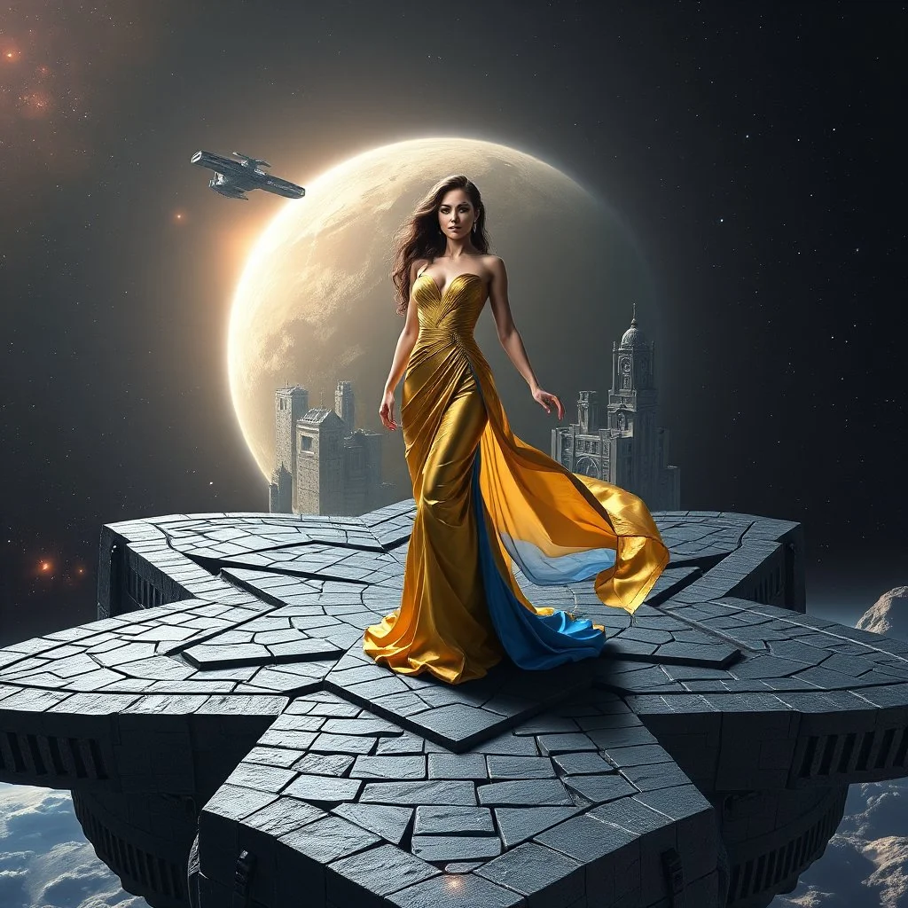 A breathtaking cosmic fantasy scene featuring a stunningly realistic beautiful woman with a perfect face and sculpted figure standing gracefully at the center of a floating geometric platform in deep space. She wears an elegant flowing gown in vibrant gold and blue hues that billow around her perfect form. The huge platform is constructed from dark cobblestone-like blocks arranged in a star shape and Space Station landed over it. Surrounding her are CIFI buildings