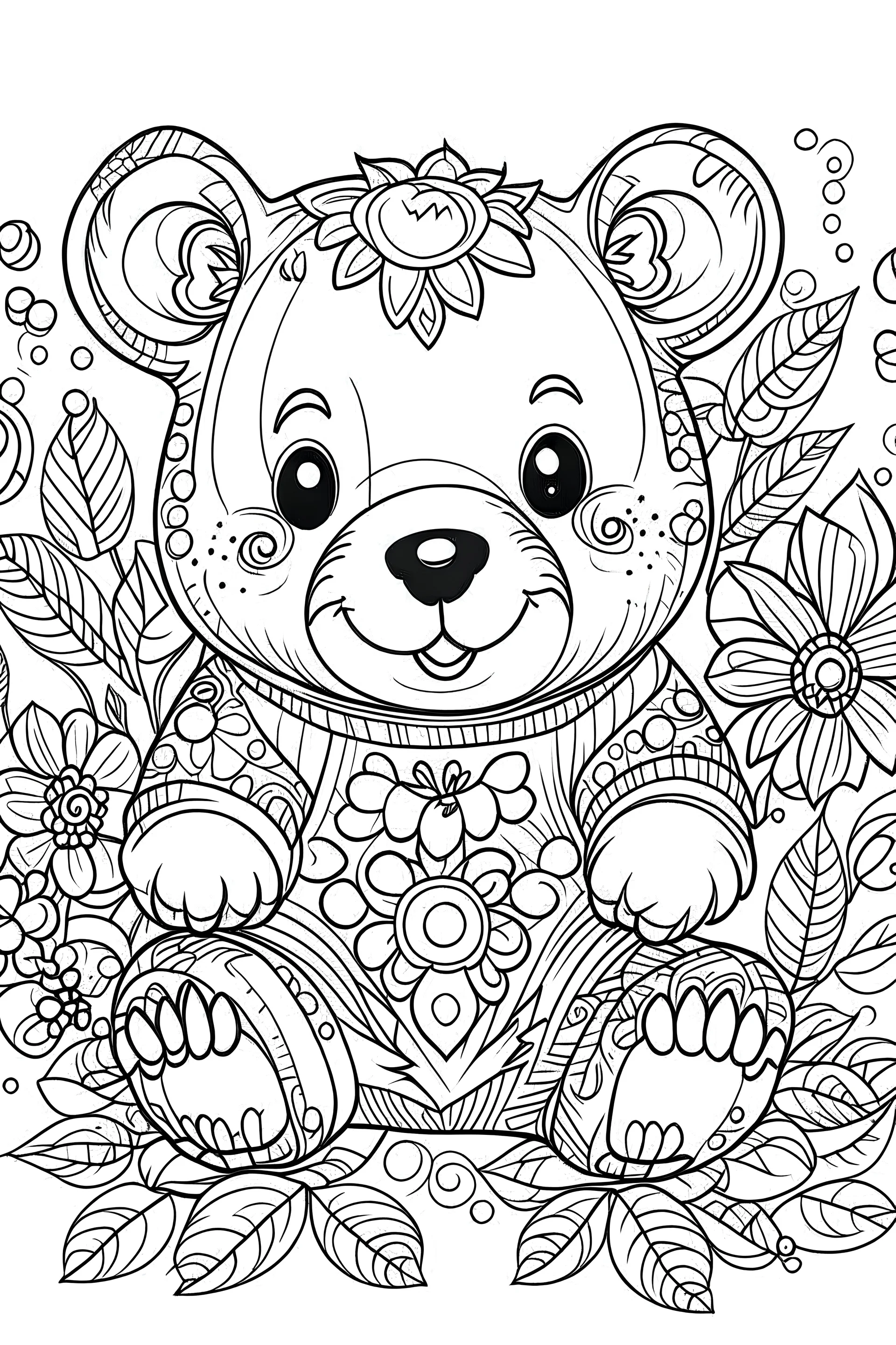 Outline art for coloring page, WHIMSICAL HAPPY TEDDY BEAR, coloring page, white background, Sketch style, only use outline, clean line art, white background, no shadows, no shading, no color, clear