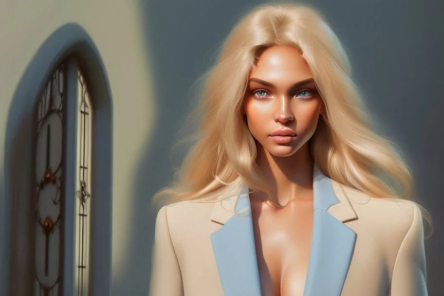 A beautiful light brown-haired, light-skinned woman in an elegant blue suit, graveyard and clocks highly detailed digital painting elegant very attractive beautiful award winning fantastic view crisp quality very cute acrylic art in the sunlight