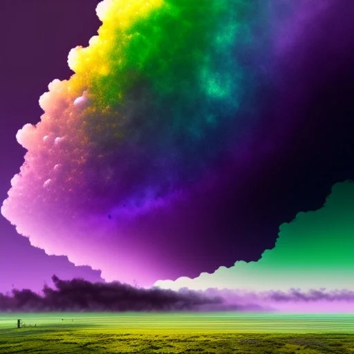 a beautiful clear sky violently exploding and raining dirty colors of purple, green, and brown that muddy the sky, surreal, dreamlike