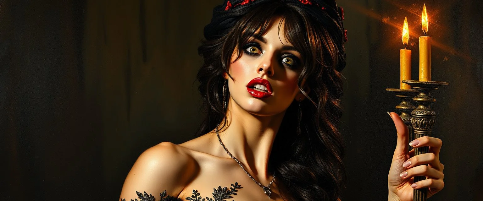 master oil painting by Rembrandt, good afternoon bitch scary hot seductive female vampire stylistic poster