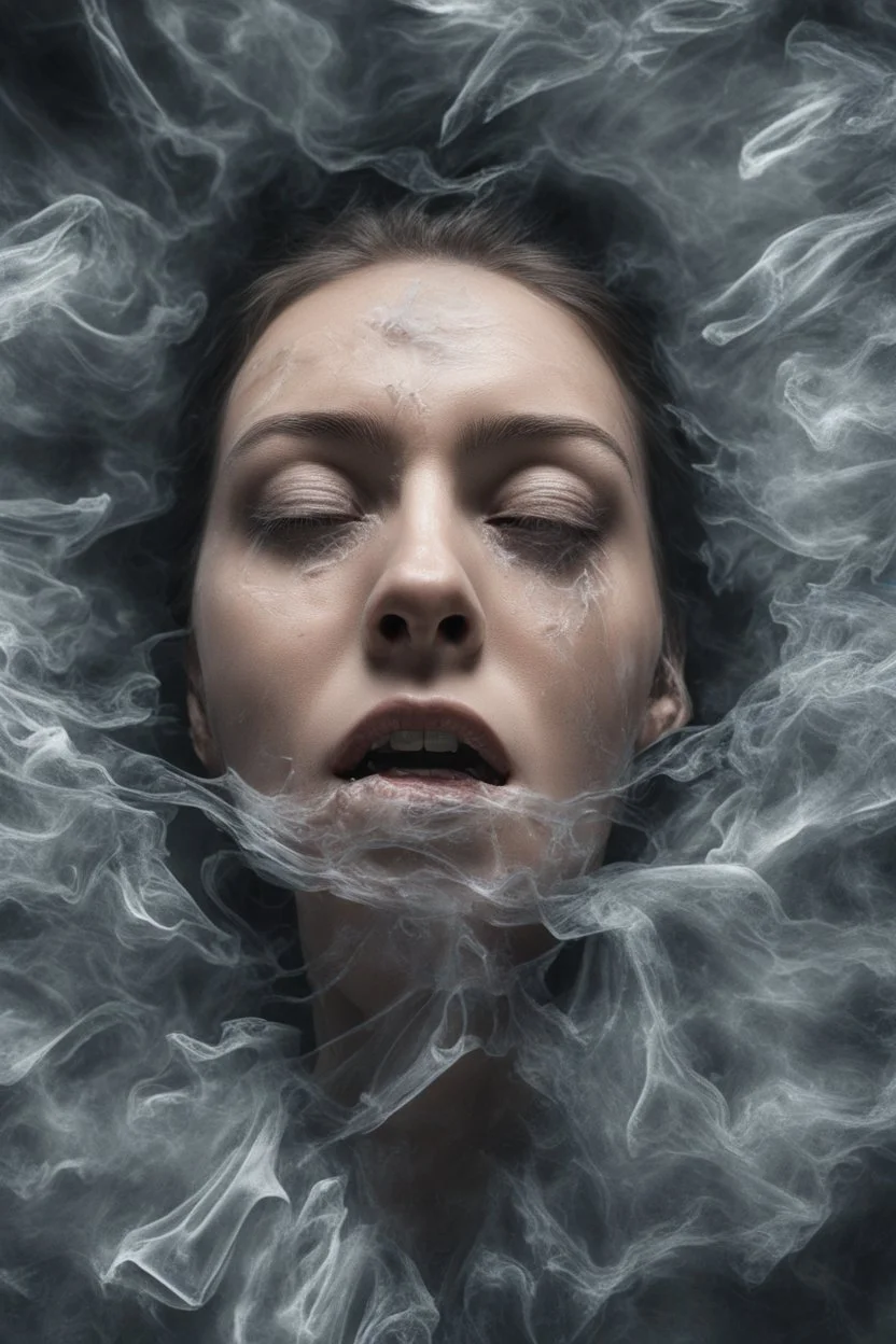 A realistic , 8k high quality image of a person's face from above, face is covered with a plastic, can't breath, suffocating with the face showing like vacuumed under the plastic, eyes open and looking in fear, metaphorically depicting the suffocating grip of anxiety, gothic and dramatic, chaos80 , with debree flying around, abstract