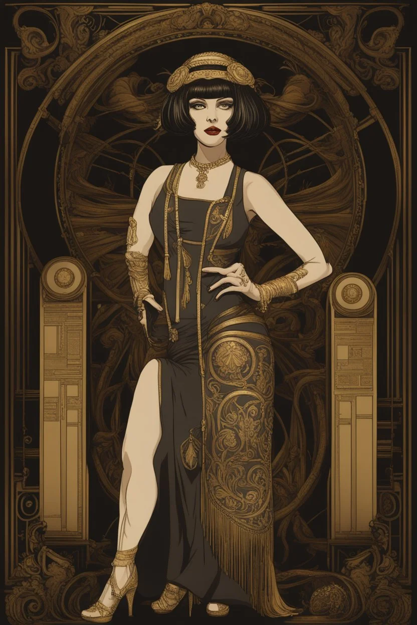 Full Body, Art Nouveau Woman With A Bob With A Fringe Hairstyle, Cleopatra Clothing, Steampunk, Black Background