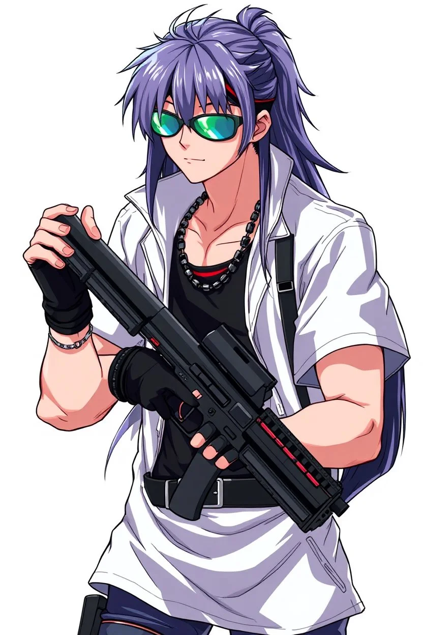 male cyberpunk solo with long hair tail, Norwegian, Wearing Leisureware and mirrored sunglasses, armed, wearing gloves without fingers, lean, nice, correct hands, 90s Anime Style, Retroanime, Video Game Character,