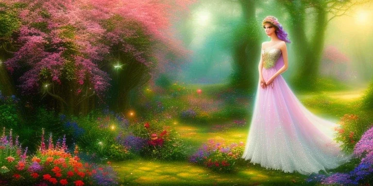 bright fairy, beautiful portrait, flowery landscape