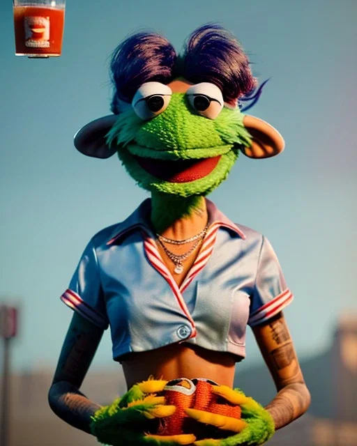 hybrid character, waitress sexy woman with monster muppet mask that covers her entire head, short shirt, tray, beer, old school tattoo, retro style, Sesame Street style, hot, smooth, unreal engine 5, god lights, ray tracing, RTX, lumen lighting, ultra detail, volumetric lighting, 3d.