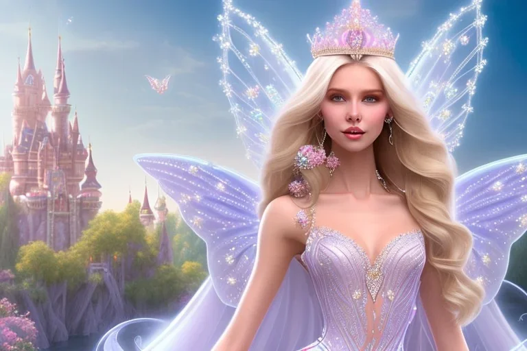 castle in background, beautiful, soft, big smiling, straight and long blonde hair, blues eyes, dewy and shiny atmosphere, diamond crown, long fairy wings in the back, full head, pink veil clothes