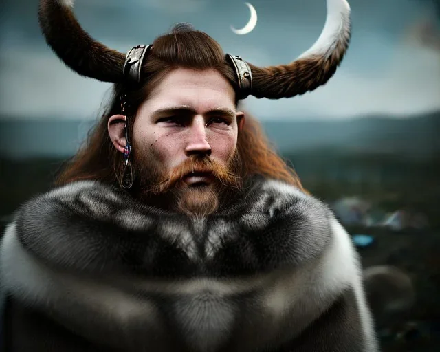 a sad and lonely viking looking up at the stars at night, hyper realistic, 8k, insane detail, atmospheric background, crying eyes, big fur coat, long braided hair, sharp focus, soft background, dynamic lighting, viking helmet, night time