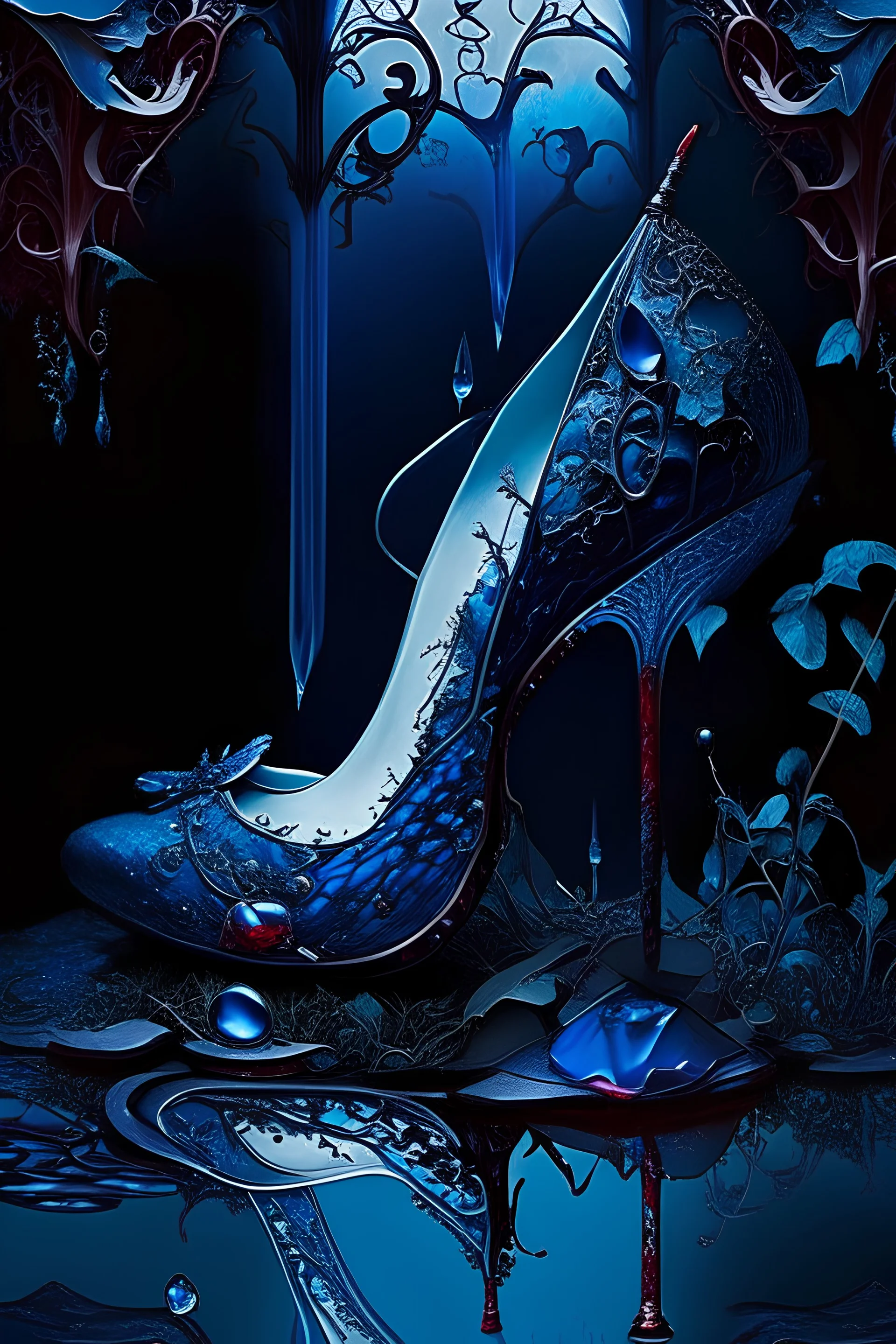 dark fantasy, intricate cover, a whimsical fairytale, high-heeled shoe made of blue glass with a pool of blood underneath