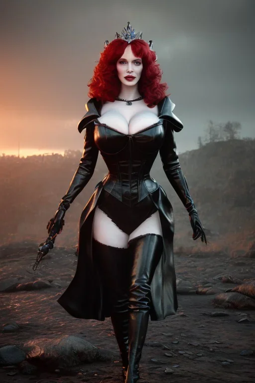 Christina Hendricks as evil queen in black leather gown, feminie, angry, stern look on her face, volouptous, busty, cleavage, emperious, mature, style of frank miller sin city, unreal 5, octane render,cinema4d, dynamic lighting, dramatic lighting, 4k, redshift render, highly detailed, hyper realistic, inside dungeon