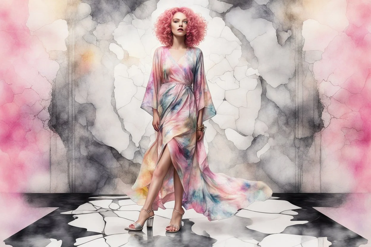 A beautiful woman with knee-length curly pink hair, wearing a spider-sleeved ankle-length tie-dye kaftan and silver high-heeled sandals, double exposure, merged layers, watercolor and black ink outlines, soft, shading strokes, cracked marble holographic background, the cracks are golden S<AI in sunshine