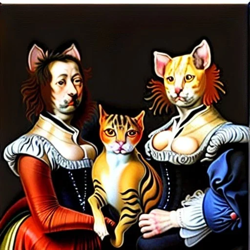 retrato cuerpo entero al oleo en canvas de tres gatos vestidos como los tres mosqueteros con estilo de Rubens y Diego Velázquez y Rembrandt y Leonardo da Vinvi 8k