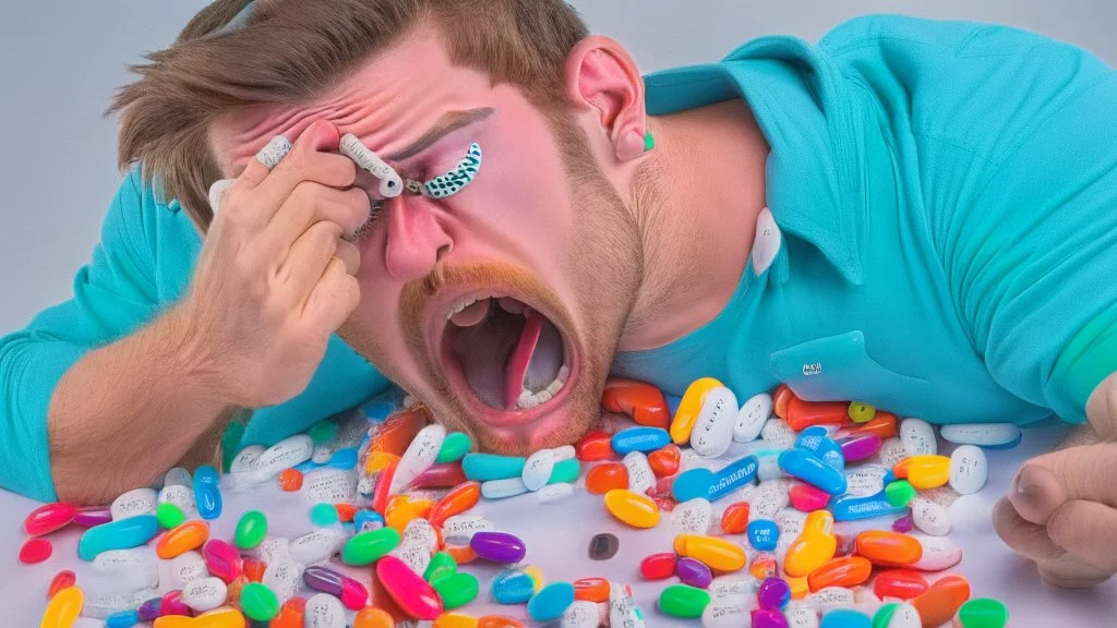 guy frantically swallowing a lot of pills while on the phone