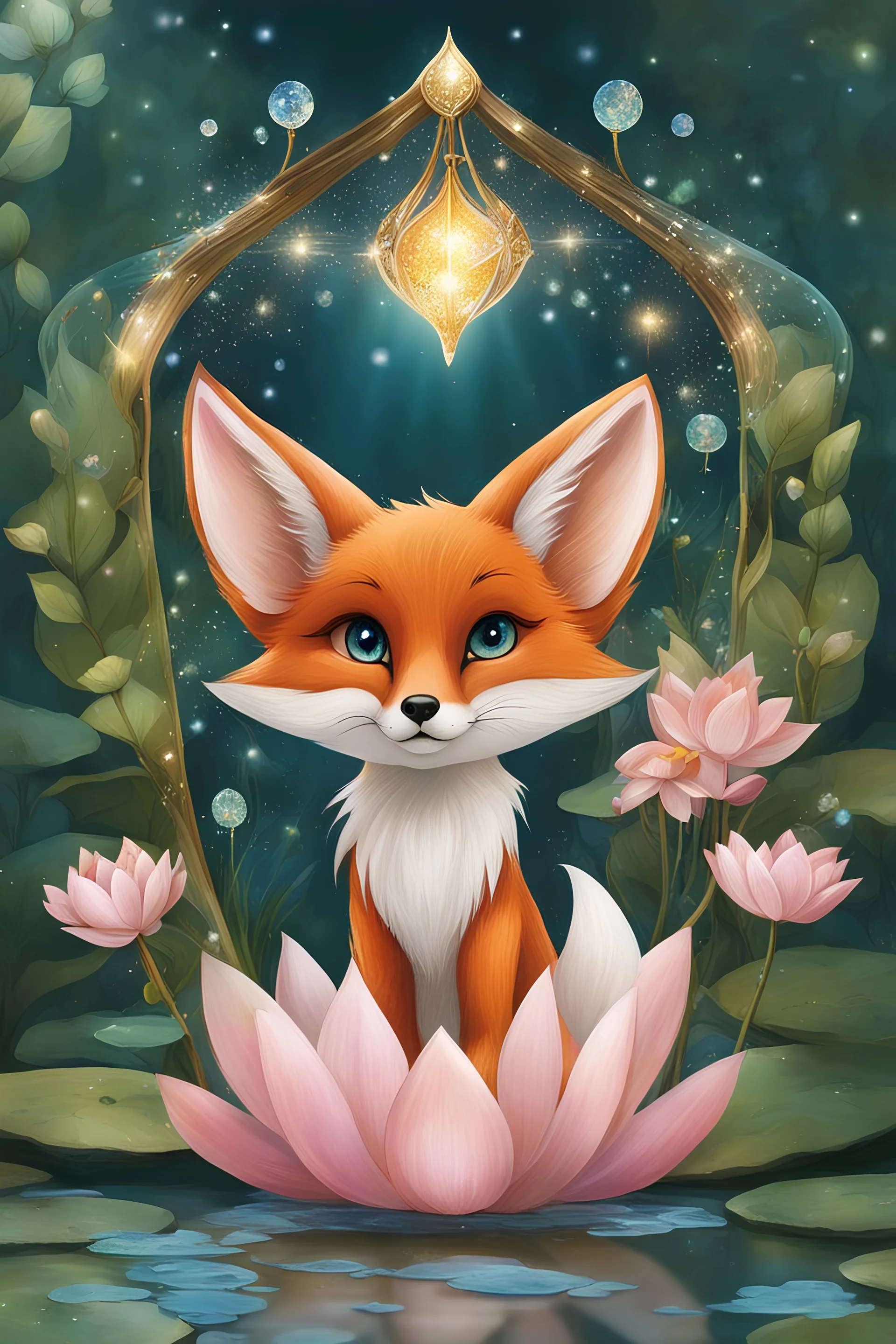 Fairy tale fox, Elven wings,sparkle,fairy glitter,water lilies,flowers,beautiful ,crystals,glass art
