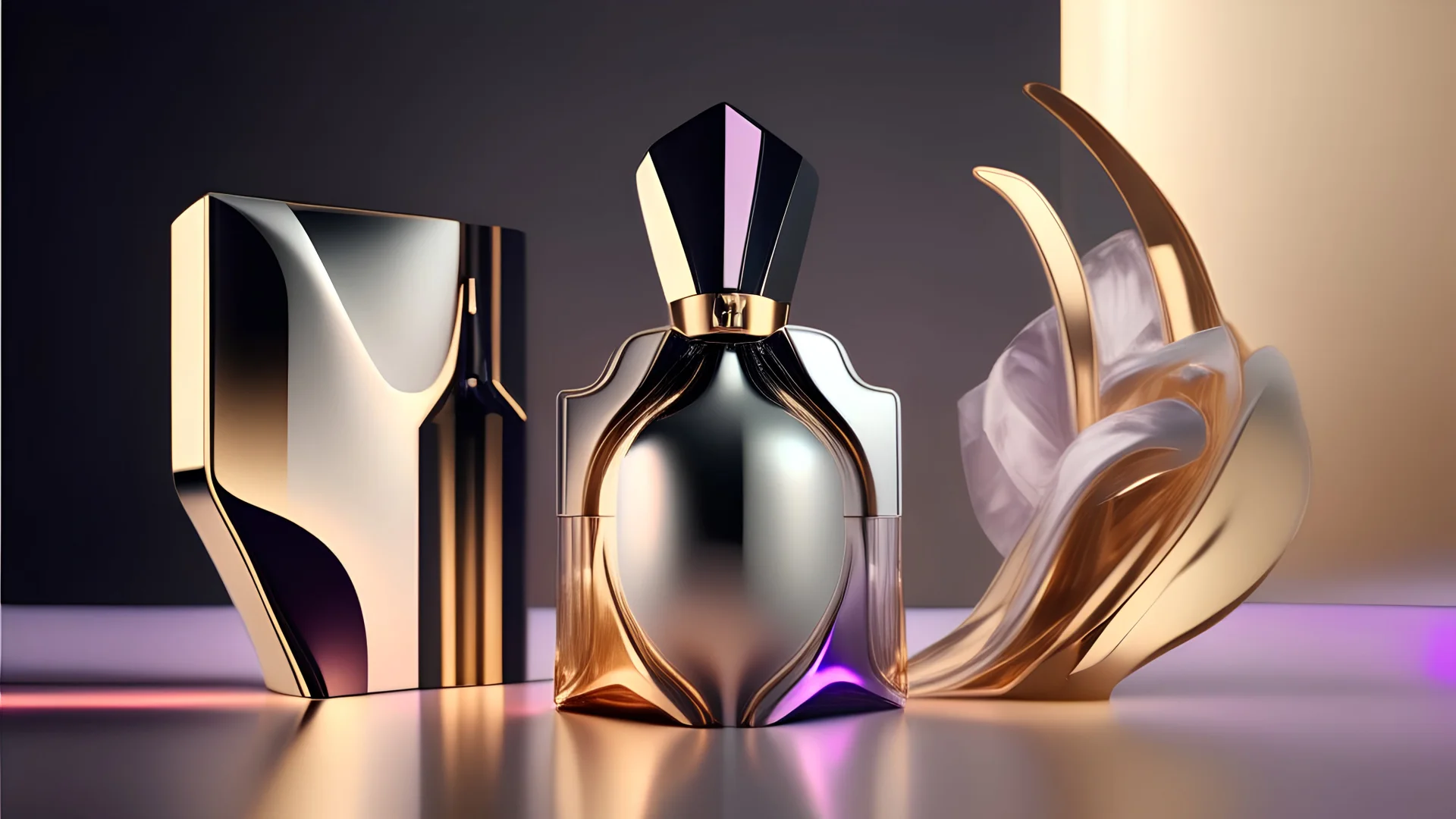 generate me an aesthetic photo of perfumes for Futuristic Fragrance: Create a modern and futuristic vibe by incorporating sleek and metallic elements in the perfume shot.