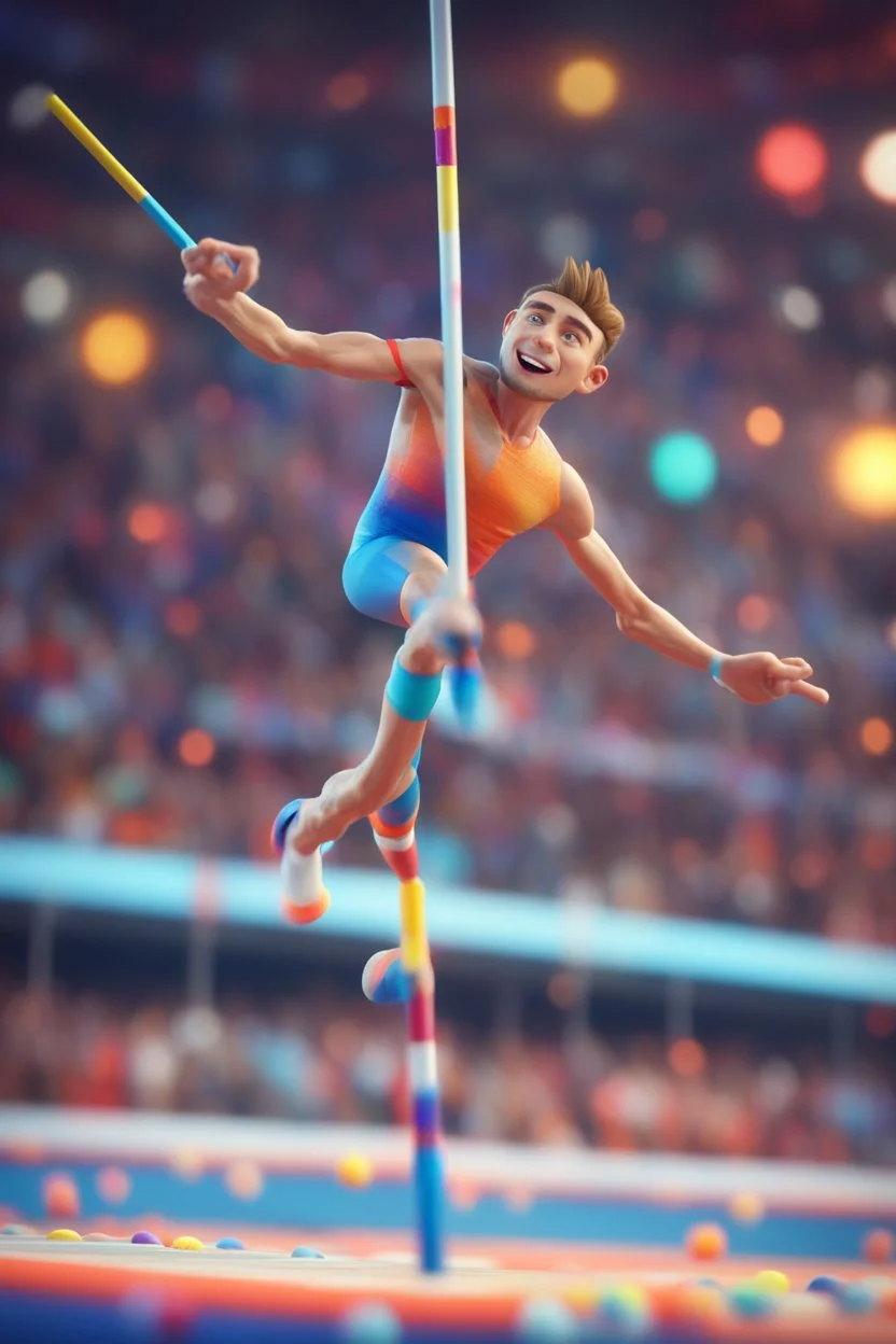 cartoonish man psychedelic pole vaulting in the Olympics ,,bokeh like f/0.8, tilt-shift lens 8k, high detail, smooth render, down-light, unreal engine