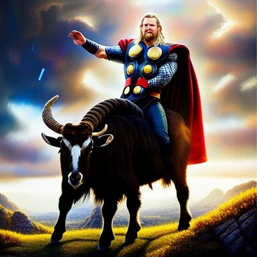 Ultra detailed fullbody Portrait in oil on canvas of Thor with asgardian armor riding a Giant Goat,extremely detailed digital painting, extremely detailed face,crystal clear eyes, mystical colors ,perfectly centered image, perfect composition, rim light, beautiful lighting,masterpiece,8k, stunning scene, raytracing, anatomically correct, in the style of robert e howard and Wizyakuza and Ohrai Noriyoshi and Simon Bisley and uncannyknack