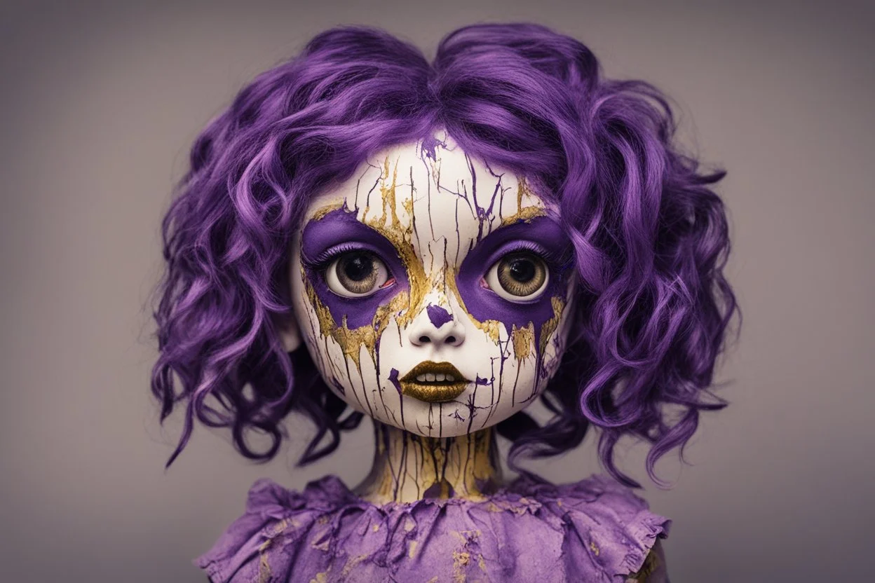 full color, illustration of a darkpurple and gold tones, menacing, Singer Melanie Martinez face, as a decayed, broken, crude homemade cloth doll toy, with a narrow cracked porcelain face, thick dark eyebrows, hair in two gradually, made from ragged strips of cloth, in the style of Alex Pardee, Tim Burton, and Nadya Sheremet