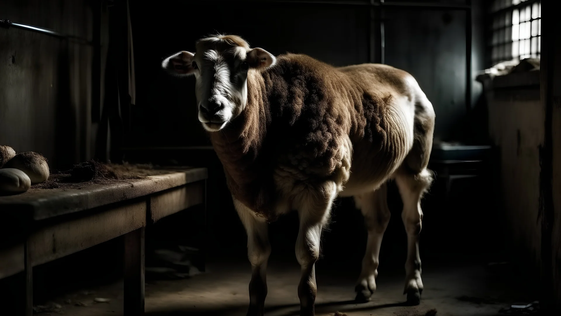 A hornless sheep whose shadow is in the shape of a ram with two twisted horns on the wall inside the slaughterhouse in front of it is a butcher with a knife.