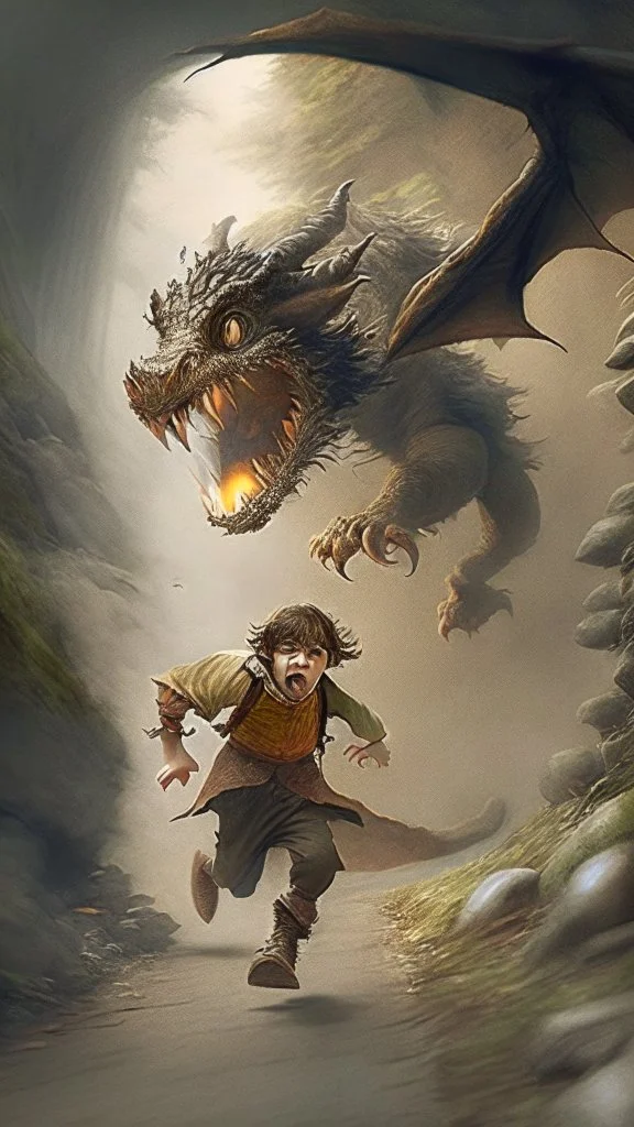 hobbit running away from a dragon