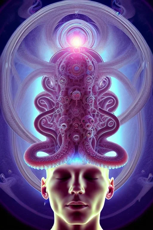 Spiritual being with Tentacles over human Head creating reality around, wrapping Spiral around Human, Psychedelic