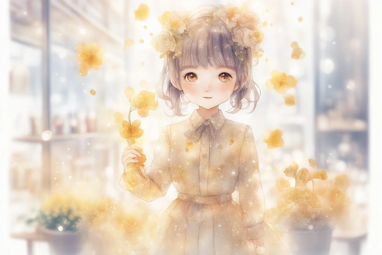 double exposure, flower shop, cute chibi salesgirl in flower uniform in sunshine, watercolor and black ink outlines, sparkling golden glitter, ethereal, cinematic postprocessing, bokeh, dof