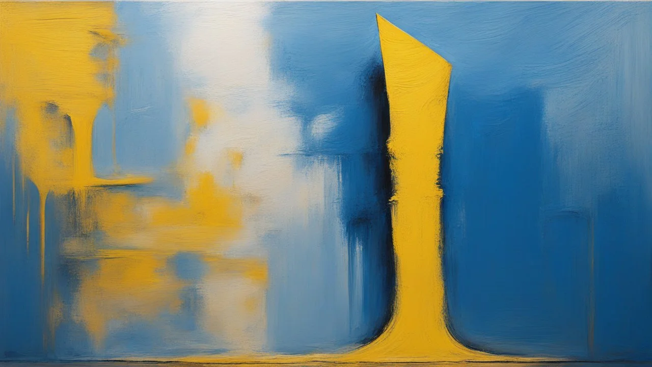 a tough oil brush blue and yellow abstract on rough canvas make a surreal figure of a very tall and thin sculpture