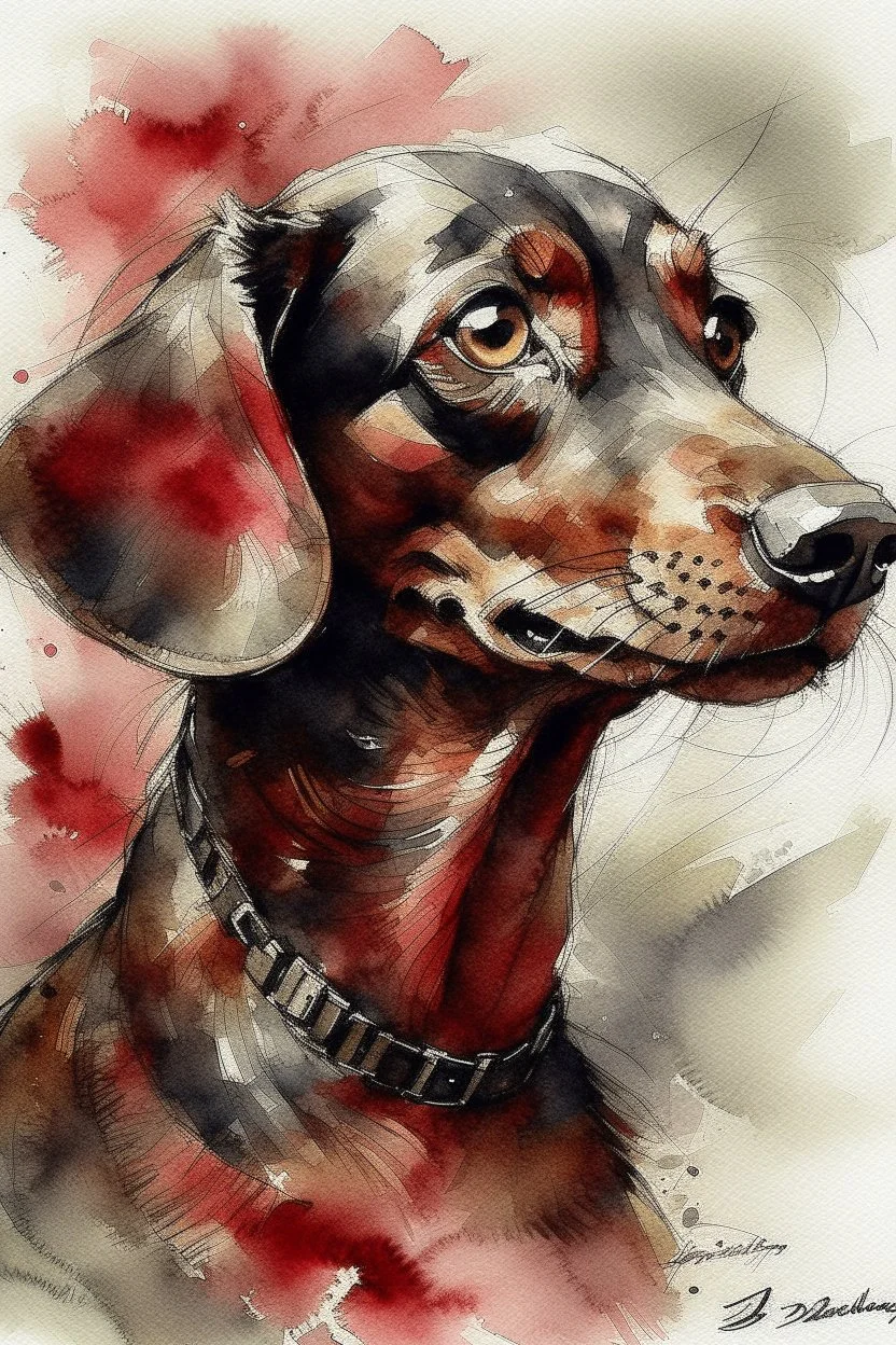 Watercolor Portrait of a happy dachshund in the style of Yoji Shinkawa, Guy Denning, Florian Nicolle, Willem Haenraets