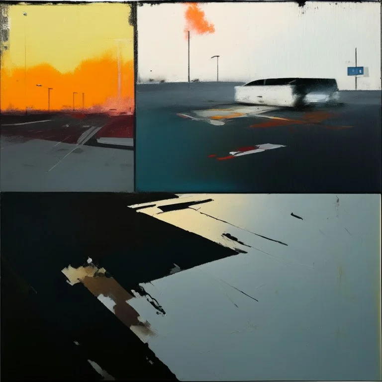 Minimal contemporary abstract oil paintings desolate 1960s carpark concrete fragments at dusk sunset. In the style of Justin Mortimer and Francis Bacon. road markings.