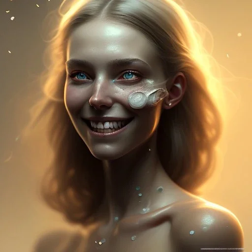 epic portrait of a beautiful girl with an unnaturally wide smile, horror smile, sharp focus, beautiful!, dewy skin, ethereal, painting, concept art, warm lighting, greg rutkowski