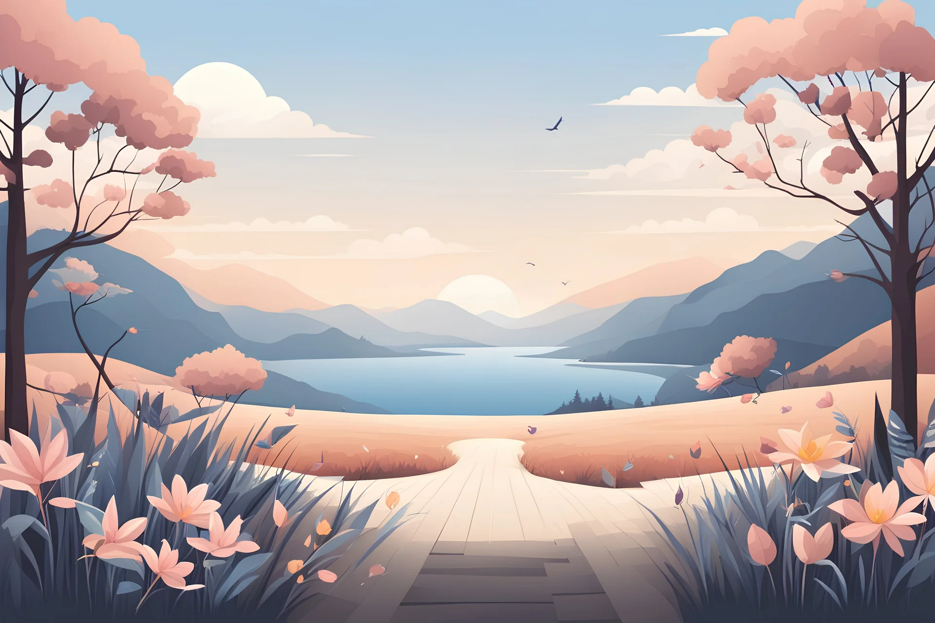 pastel landscape flat illustration of clock and nature with empty space for deck design