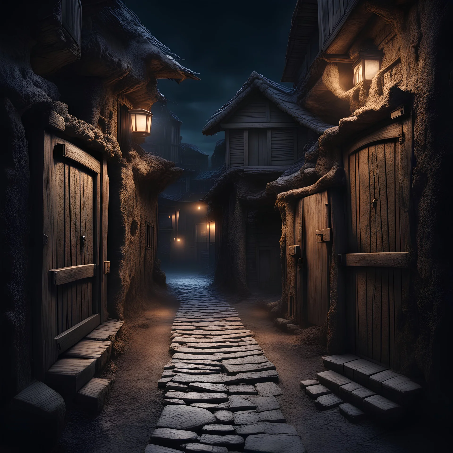 Hyper Realistic man walking between a prehistoric narrow street with ancient wooden houses gates at dark night