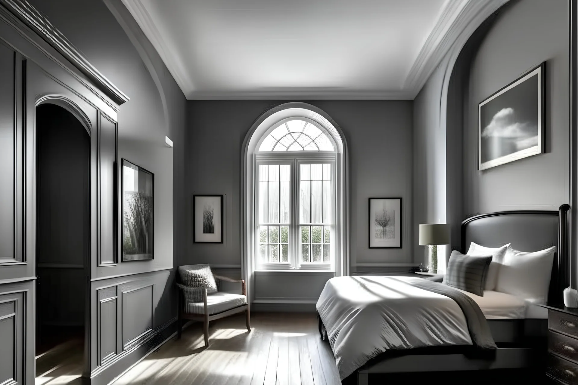 arched ceiling grey bedroom in the modern townhouse