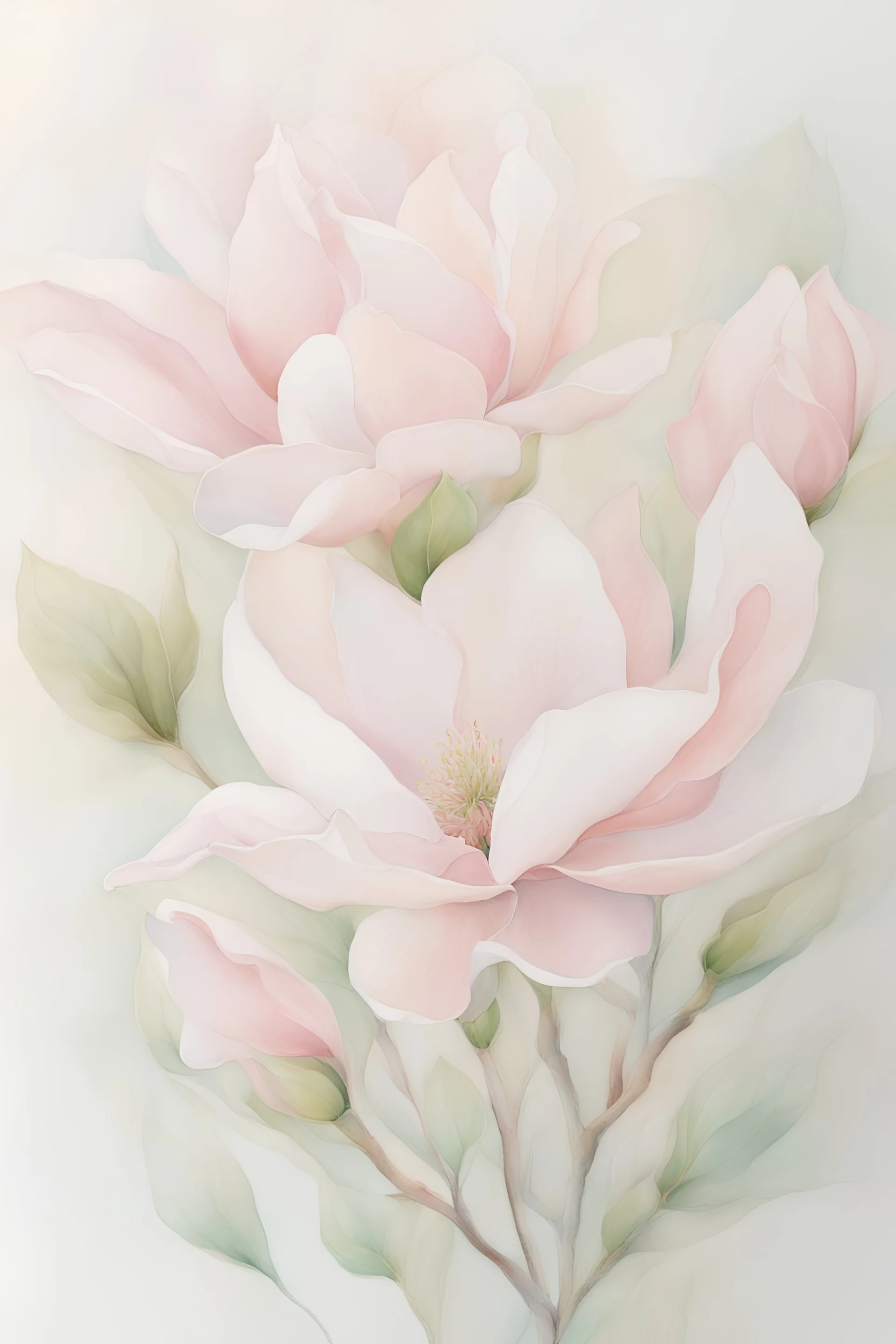 (A delicate watercolor painting of pink magnolia flowers blooming, gracefully flowing petals: 1.3), soft pastel hues, ethereal floral composition, subtle layers of translucency, intricate vein details, gentle brushstrokes, hints of green leaves, naturalistic form, (subtle splashes of watercolor in the white background: 1.2), abstract patterns emerging, harmonious color blending, dreamy atmosphere, delicate translucency, whimsical brushwork, serene and peaceful ambiance, mindful arrangement, evok