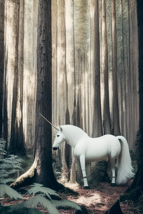 in a cosy vintage style, a white unicorn in a forest