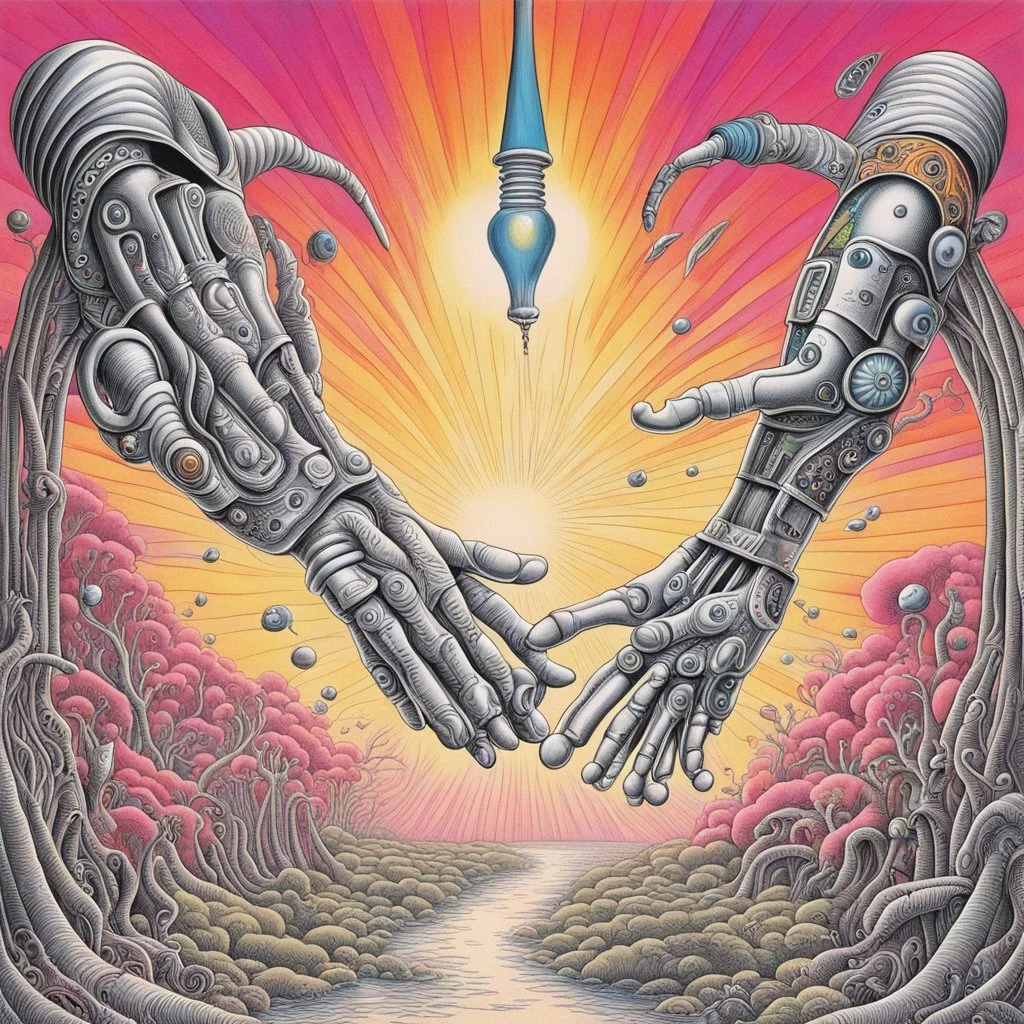 Wish You were here, Robot arm shaking hands with human hand, surrealism, by Jim Woodring and Gerald Scarfe, maximal psychedelic Pink Floyd wonderland, detailed, fine lines, sharp focus, vivid