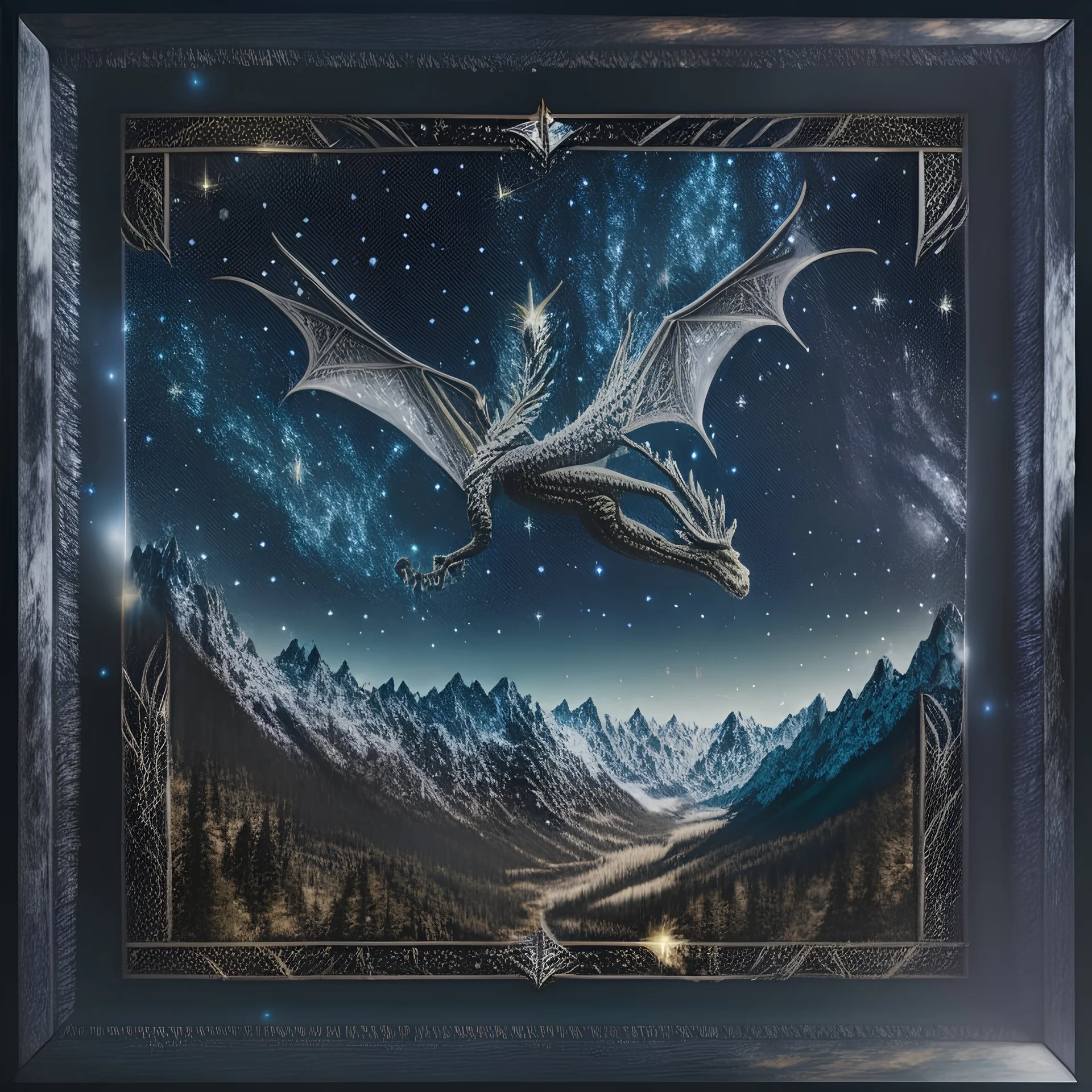 image framed with a thin border of celtic designs, story book cover format, A winged celestial dragon in flight above a forested mountain, against a background of brilliantly glittering stars, hd 4k, fine sharp detail